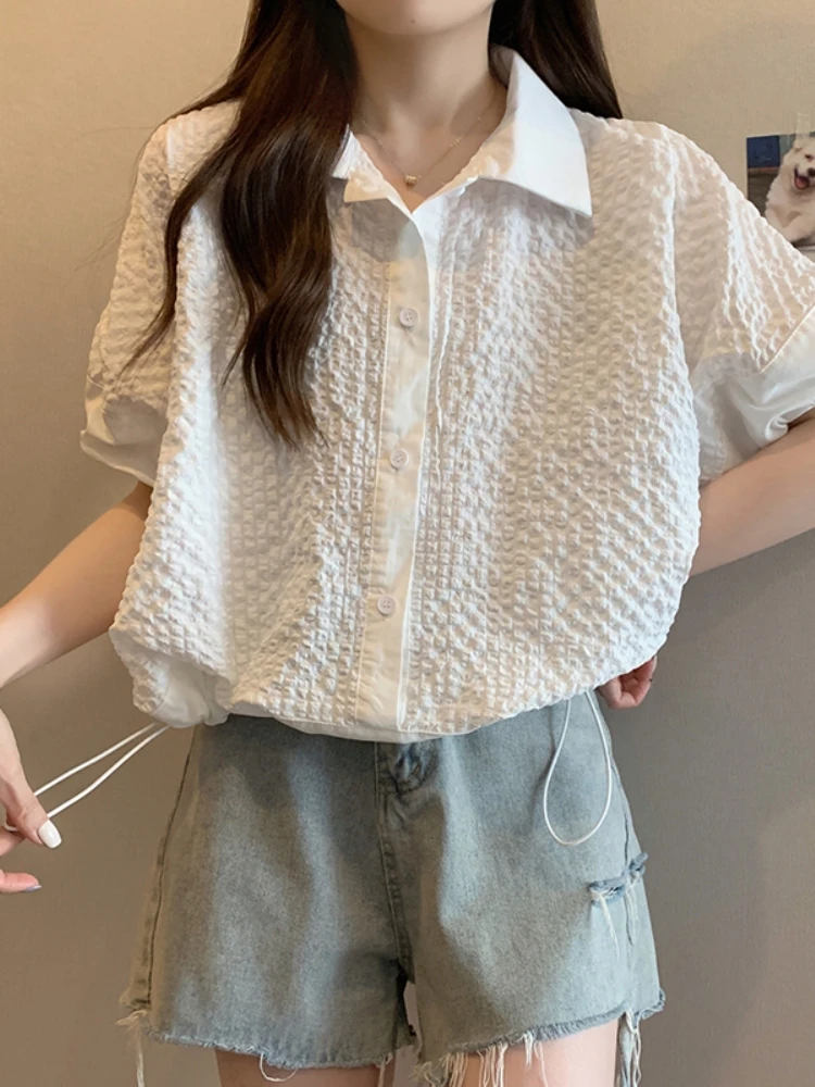 

Slimming Short Neck Shirt Women's Summer Fashion plus Size Drawstring Top Korean Style Bubble Sleeve Casual Blouse