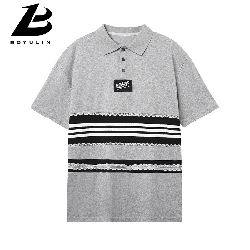 

2025 Summer Women's Grey Lapel Short Sleeve Tee - Trendy Letter Print & Lace Trim Oversized Casual Top