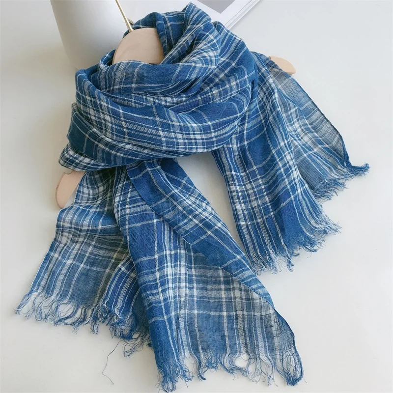 Spring/Summer Delicate And Pretty Blue Plaid Linen Scarf