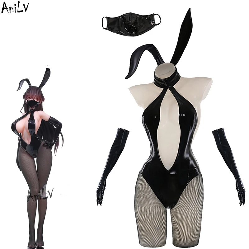 AniLV Japanese Illustration Bunny Girl Uniform Deep V-neck Hollow Leather Bodysuit Headband Mask Outfits Cosplay Costumes