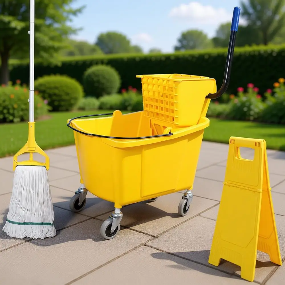 

Коммерческое желтое ведро для швабры на 35 кварт с колесами, табличкой «Влажный пол» и промышленной шваброй