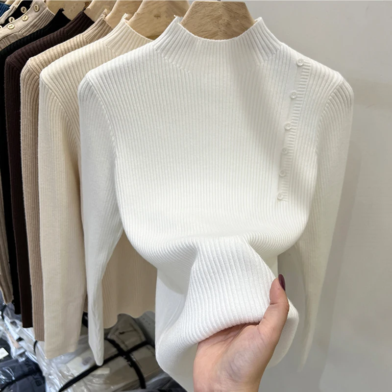 

Knitwears Slim Mock Neck Knitted Sweater Women Pullovers New Long Sleeve Knit Sweater Pullover Women Tops Sueters De Mujer Q3291