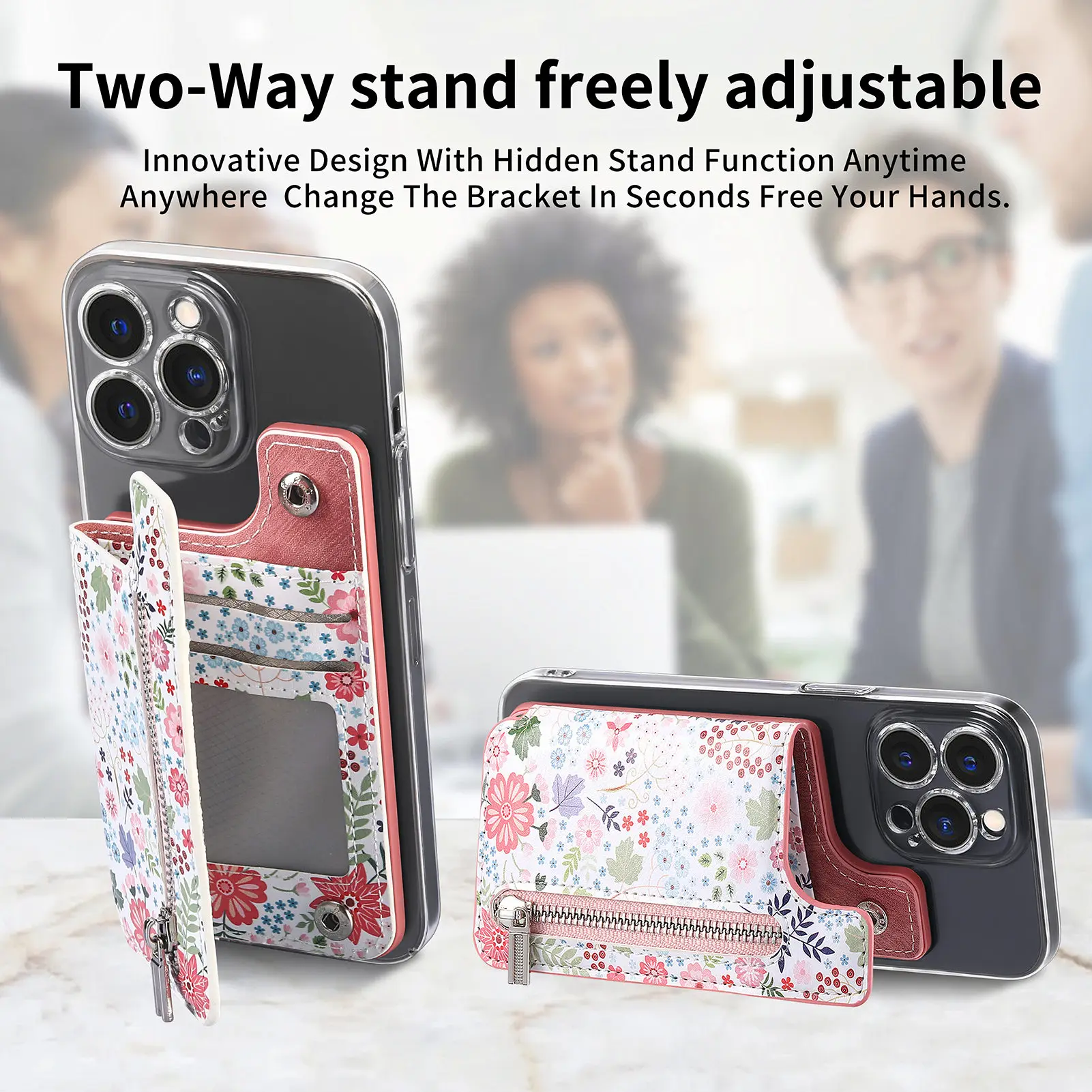 1 قطعة جراب هاتف مطلي بالزهور حامل بطاقة مع بولي Leather الجلود الخلفي ملصق حافظة للبطاقات المحمولة لاصق العالمي سستة المحفظة Deskto