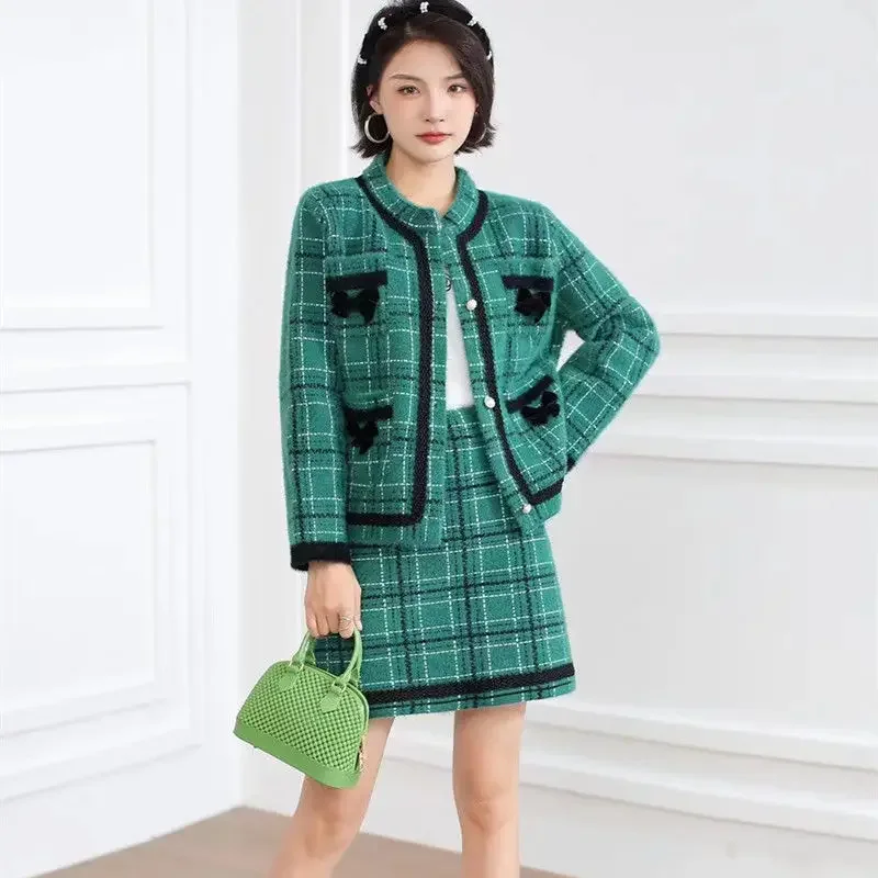 Tweed Skirt Suit 2022 New Imitation Mink Velvet Two-piece Set Autumn and Winter Long Sleeve Coat Loose Hip  High Quality