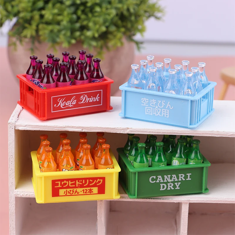 1Set 1:12 Dollhouse Miniature Soda Drink Bottle With Storage Box Model For Doll House Living Scene Decor Kids Pretend Play Toys