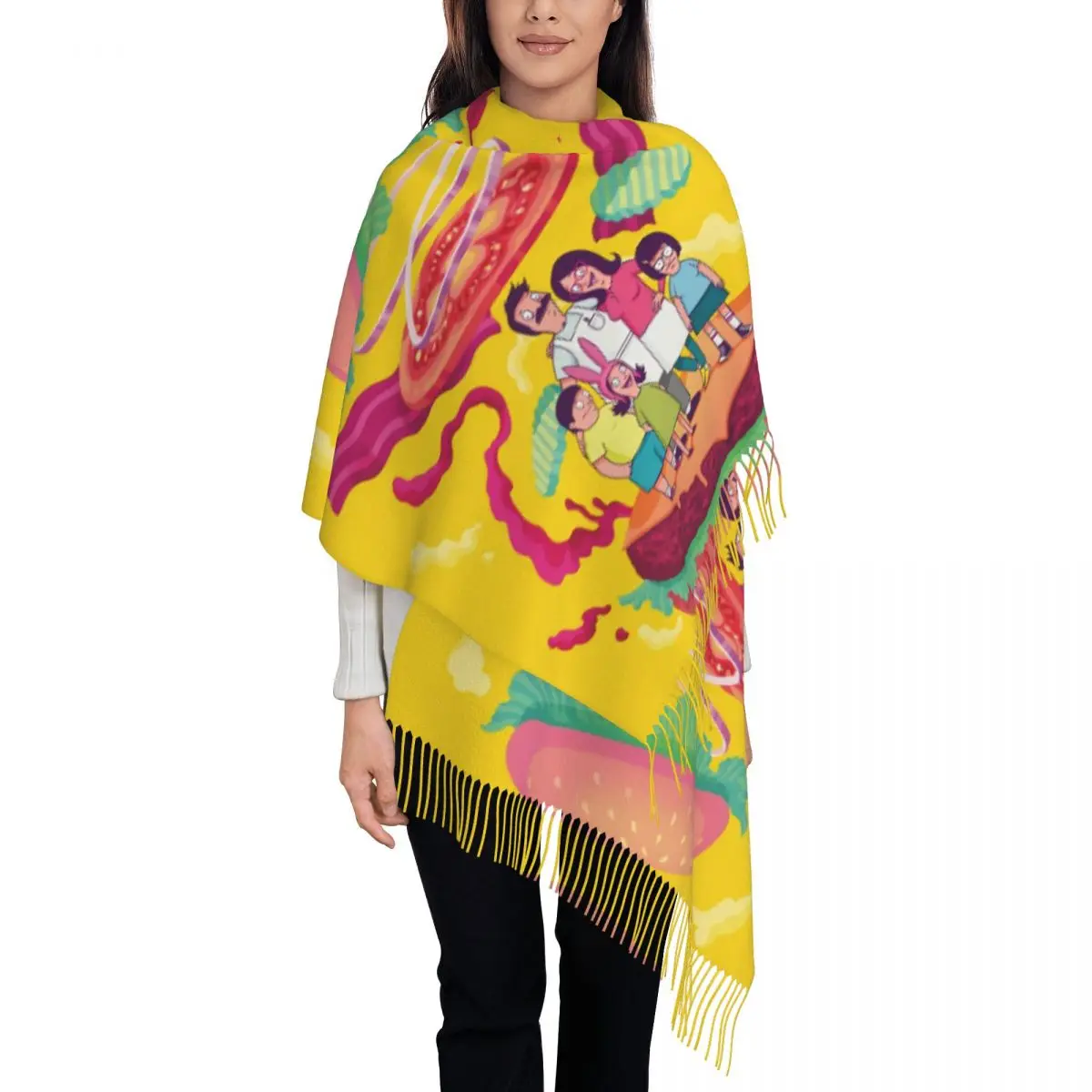 

Стильный стильный боб-бургерс на заказ, американский анимационный шарф с кисточками, женский зимний теплый платок, женские шарфы