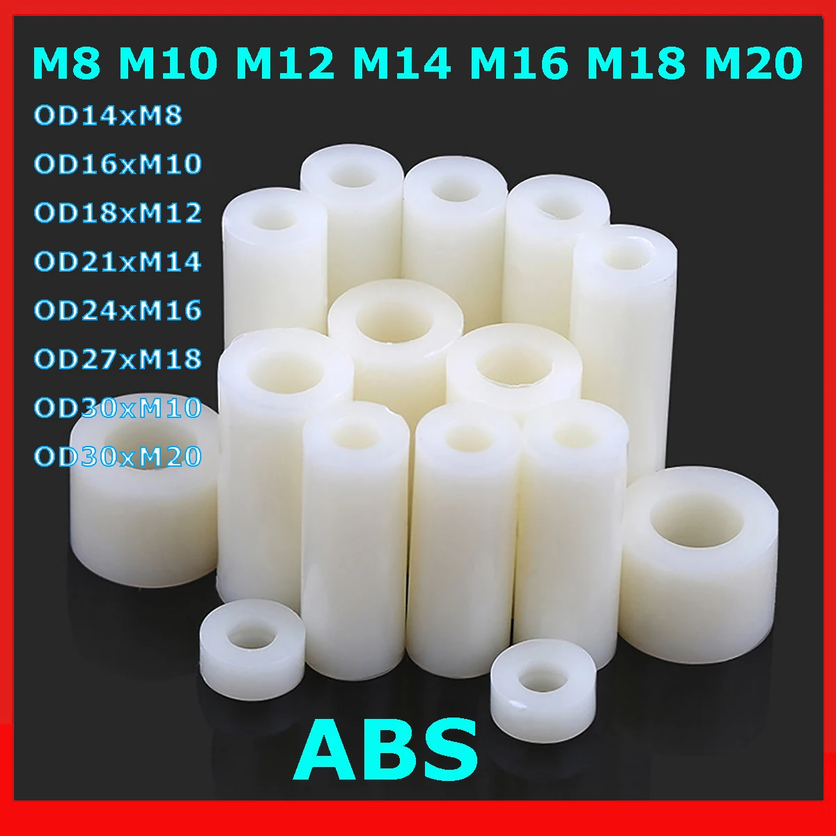 M8 M10 M12 M14 M16 M18 M20 White ABS Isolation Pillar Non-Threaded Hollow Nylon Bushing Round Standoff Washer PCB Support Spacer
