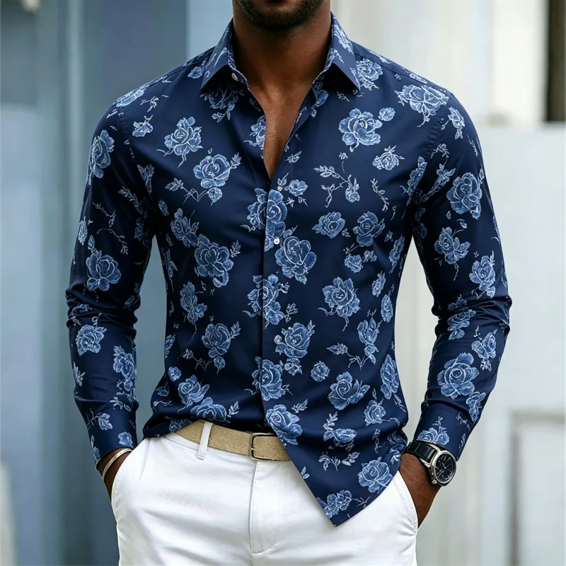 Men's shirt with European and American blue rose print long sleeved shirt, white background rose flower slim casual shirt XS-6XL