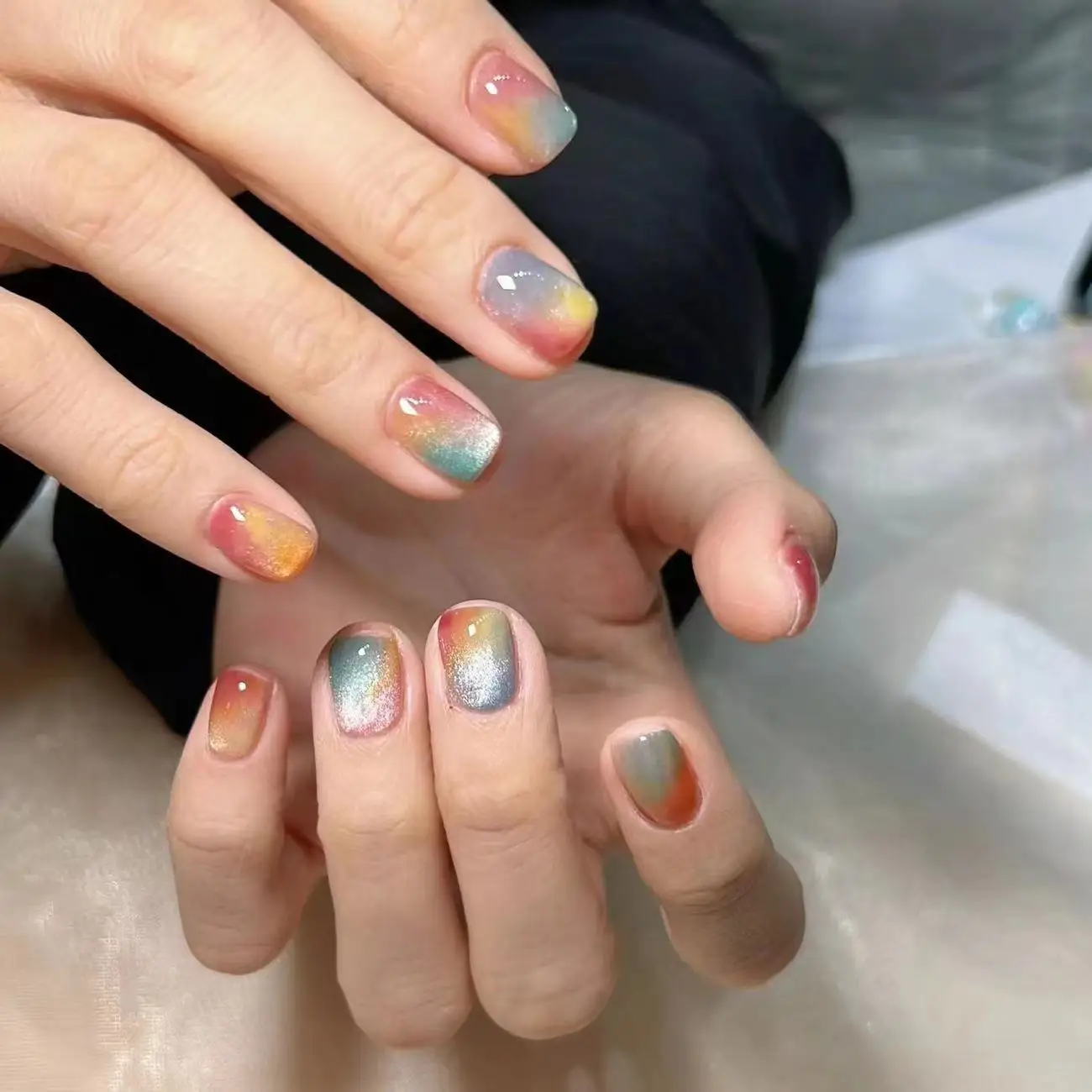 10 pçs colorido olho de gato artesanal unhas falsas dopamina brilhante bonito curto quadrado redondo imprensa no prego artificial wearable gel dicas de unhas