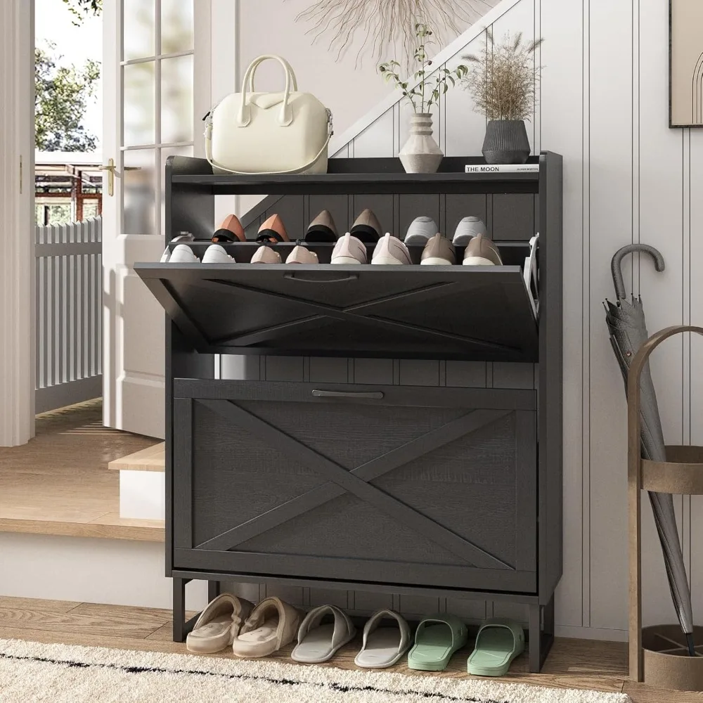 

Shoe Storage Cabinet with 2 Flip Drawers, Freestanding Organizer with Metal Legs for Entryway, Narrow Shoe Rack Cabinet, Black