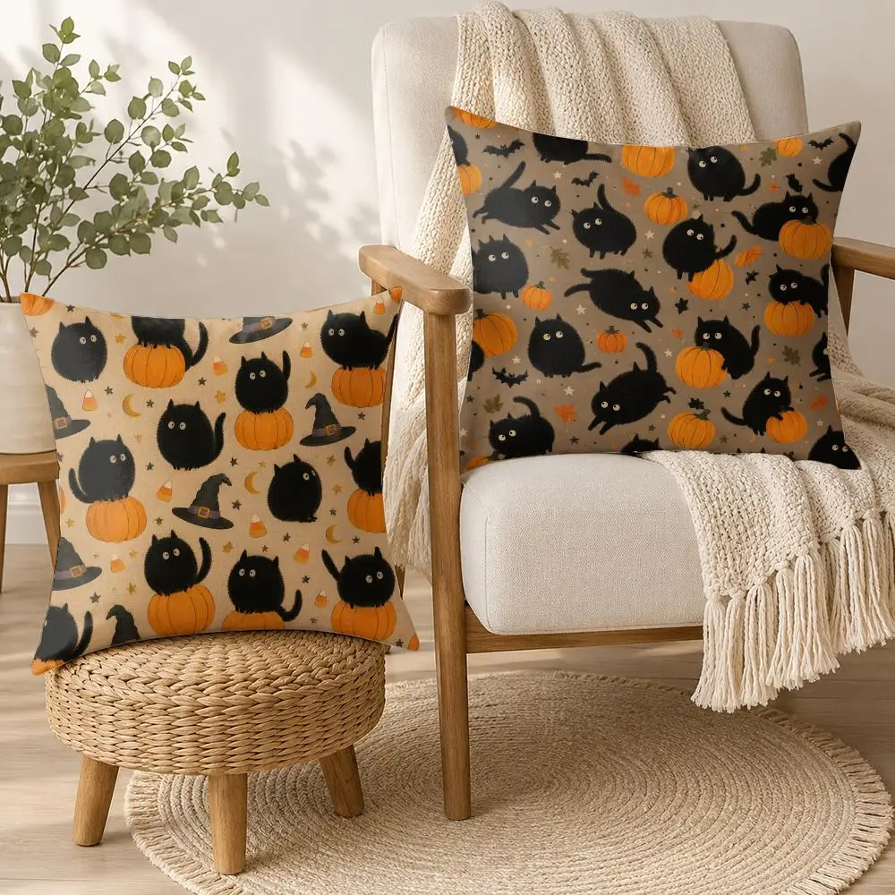 Halloween Pumpkin Cat Cushion Cover Soft Plush Cushion Case Throw Pillowcase Cozy Home Sofa Bed Living Room Bedroom Decor