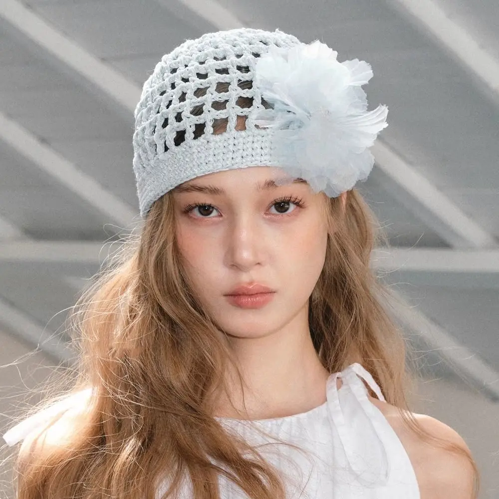

Retro Handmade Crochet Flower Hat Bohemian Style Thin Hollow Out Knitted Hat Ethnic Style Korean Beanies Hat Spring and Summer