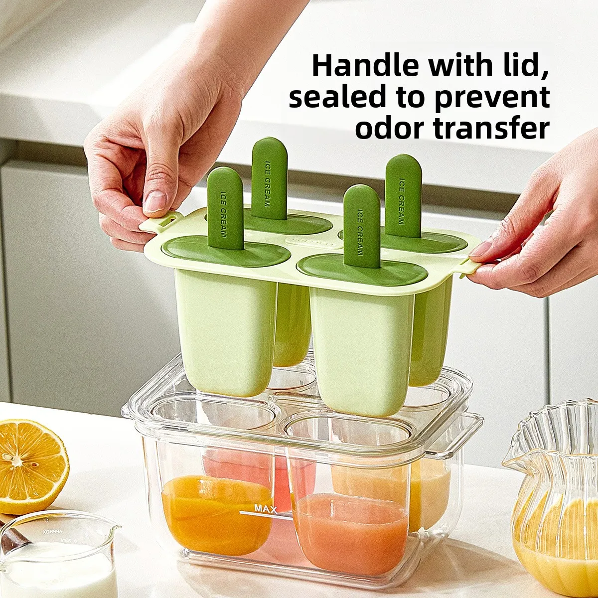 1pc Easy-Release Popsicle Maker-4Leak-Proof Molds for Juice/Fruit.BPA-Free,transparent,warm water release.Homemade popsicle tool