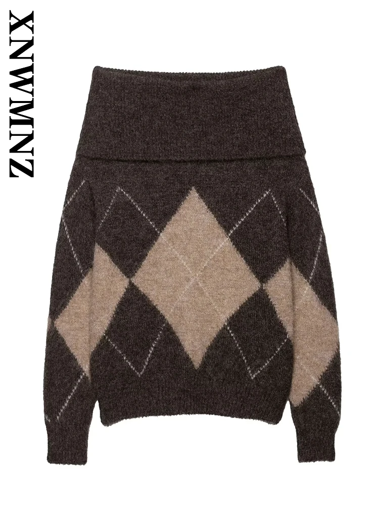 XNWMNZ 2025 Autumn New Lady Fashion Casual Long Sleeve O-Collar Knitted Long Sleeve Top Vintage Commuting Woman's BROWN Pullover