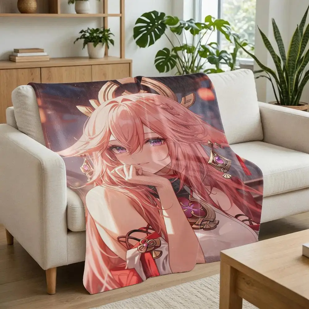 Genshin Impact Yae Miko Throw Flannel Throw Blanket Soft Lightweight Blanket for Sofa Couch Bed Office Naps Travel Home