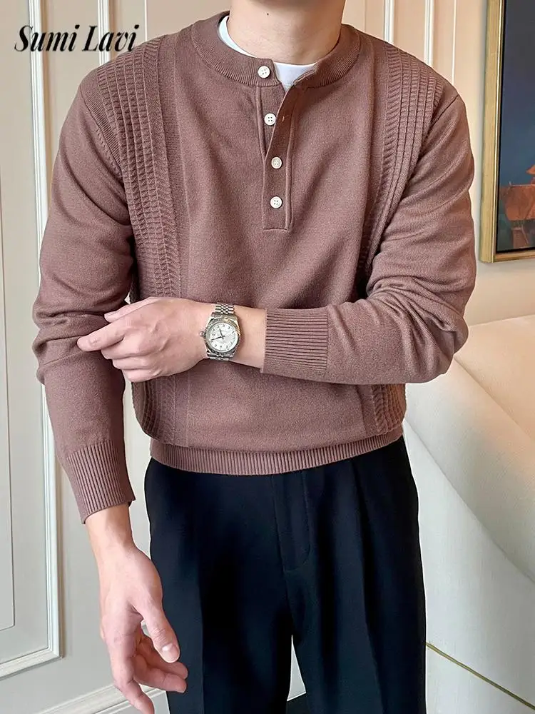 

Vintage Button Henley Neck Knit Jumpers Men Fall Winter Casual Solid Color Sweaters Mens Fashion Long Sleeve Slim Sweater