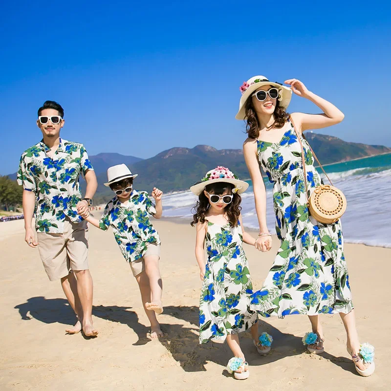 Family Matching 4 Pack Outfits Sundress for Mother Daughter Printed Shirt Shorts Set for Father Son Beach Holiday Coordinates