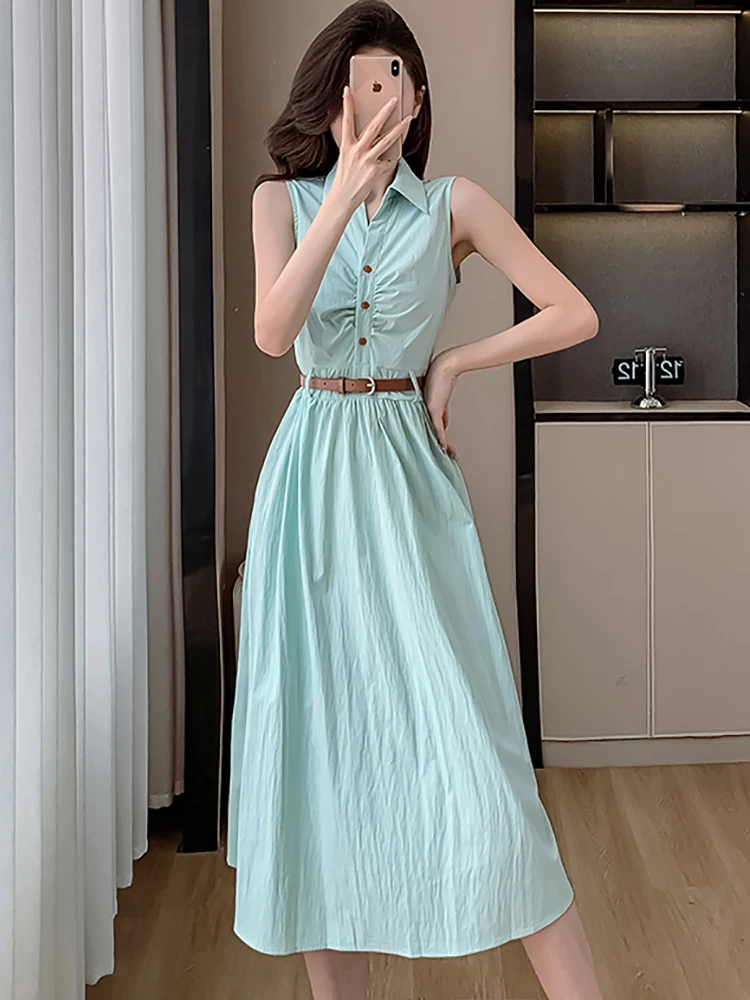 Women Blue Chic Bandage Bodycon Long Dress Summer Sleeveless Polo Collar Shirt Dress 2024 Korean Elegant Casual Holiday Dresses