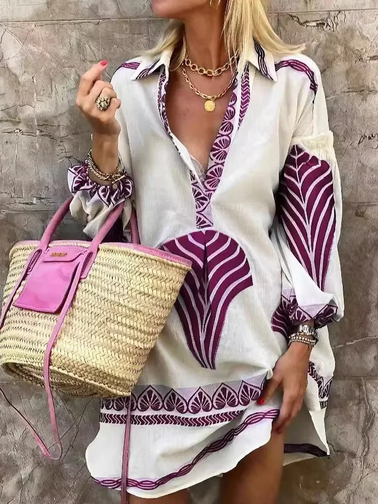 

Spring Summer 2024 Women's New Sexy V-neck Fashion Printed Casual Long Shirt Loose Women's Vacation A-line Dress