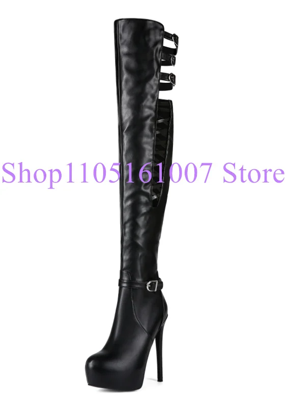 Black White Leather Hollow Out Lady Long Boots Sexy Stiletto Heel Platform Over the Knee Boots Woman Fashion Dress Party Shoes view 5