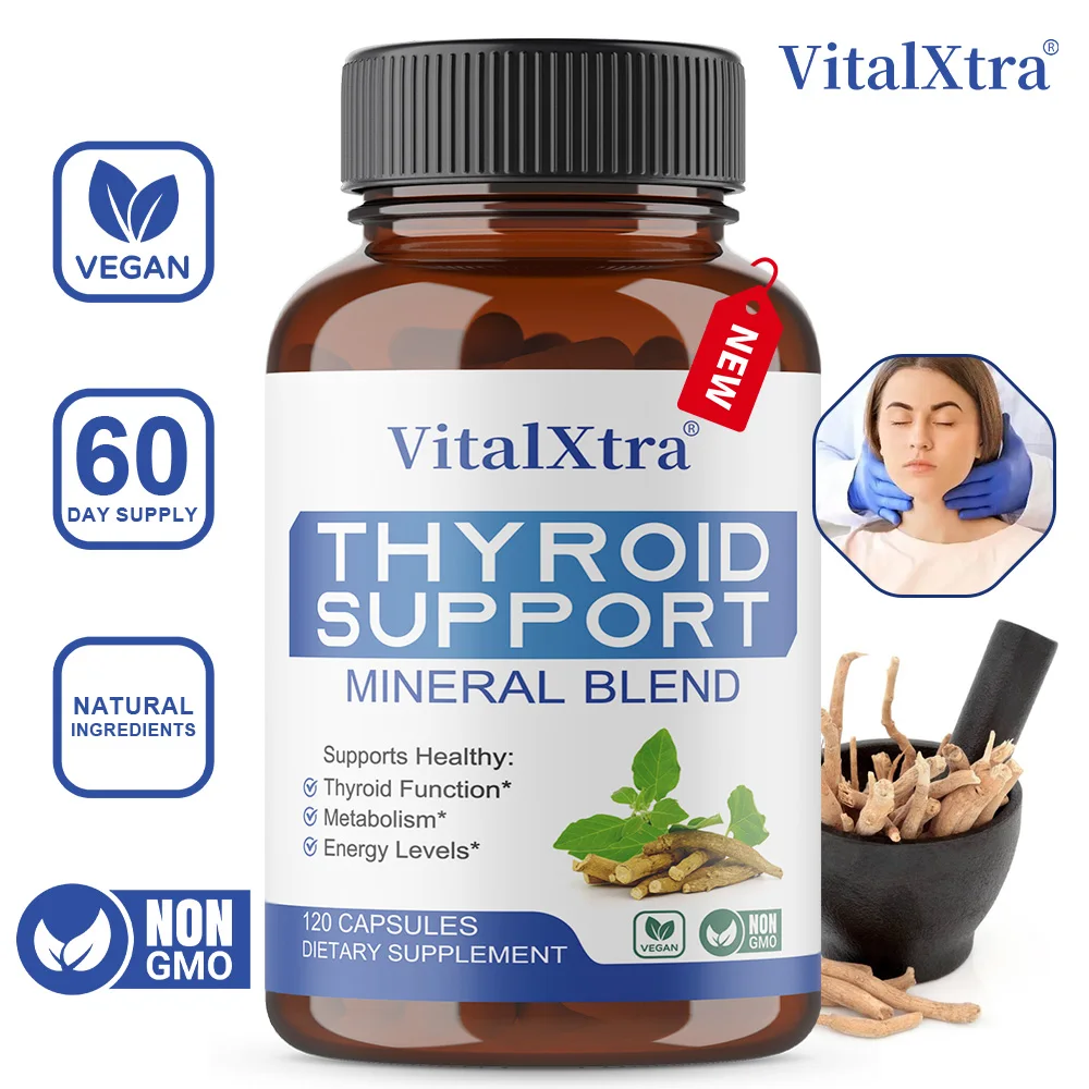 مكمل دعم الغدة الدرقية، مستخلص جذور أشواغاندا، اليود، السيلينيوم، الزنك، وفيتامين B12 لتعزيز الطاقة والواضح الذهني