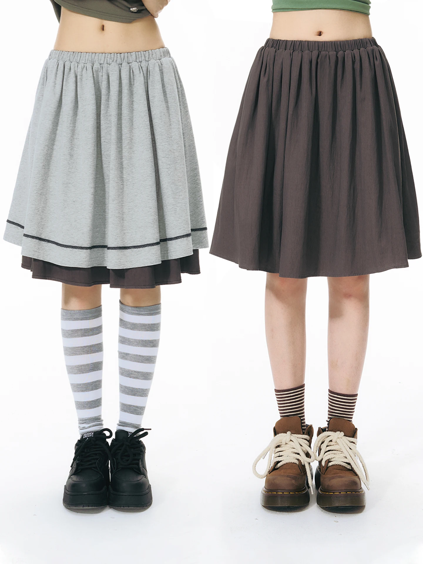 NAPSNAPS Original Double-Sided Wear Color Block Knitted A-Line  Skirt Women's Summer New Elastic Waist Umbrella Skirt