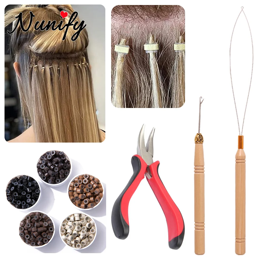 Nunify Hair Extensions Beads Tools Kit 100Pcs Silicone Lined Micro Rings 1 Extensions Micro Pulling Needle 1 Crochet Locks 1 Pli