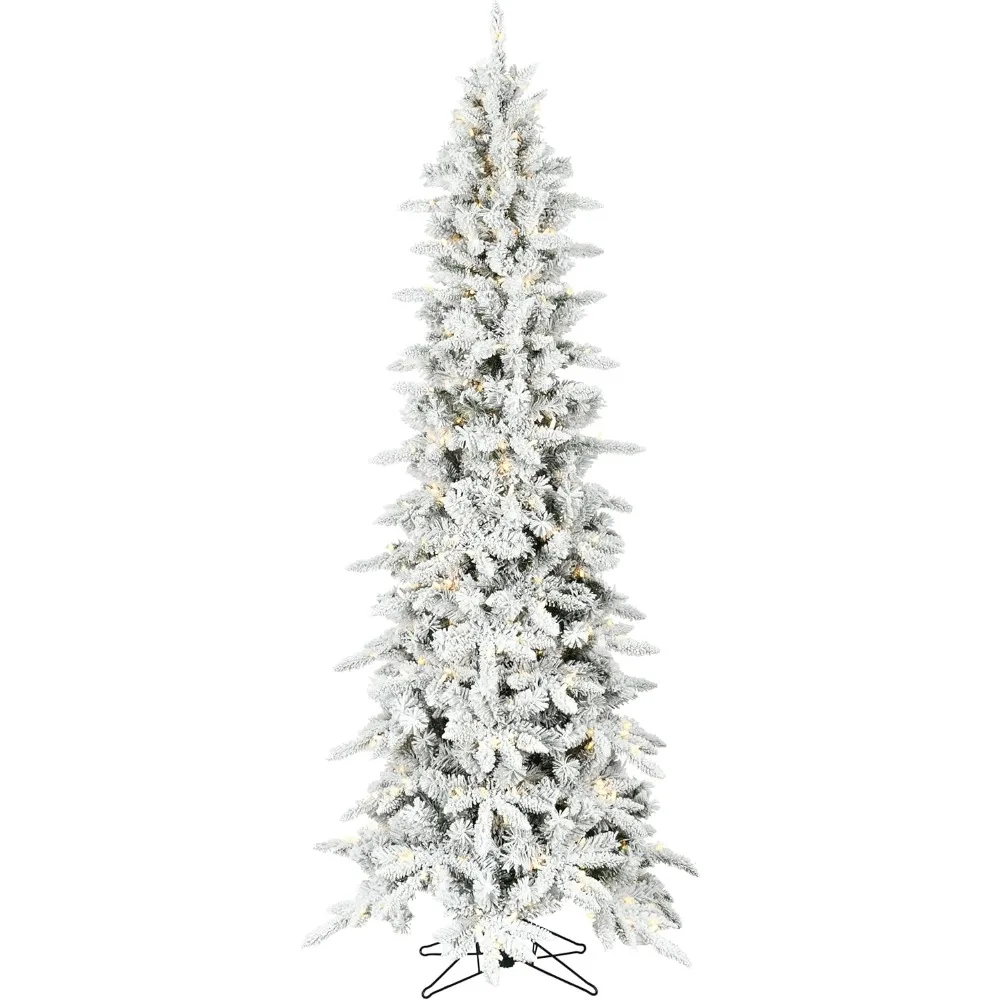 

Slim Mountain Pine Flocked Artificial Christmas Tree with Warm White LED Lights and Stand, Prelit Foldable Fake Tree .