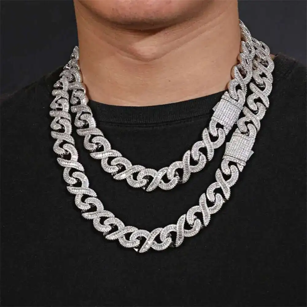 

Custom 15mm Infinity Cuban Necklace Baguette Cut Round Cut d Color Vvs1 Moissanite Sterling Silver 925 Hip Hop Cuban Necklace