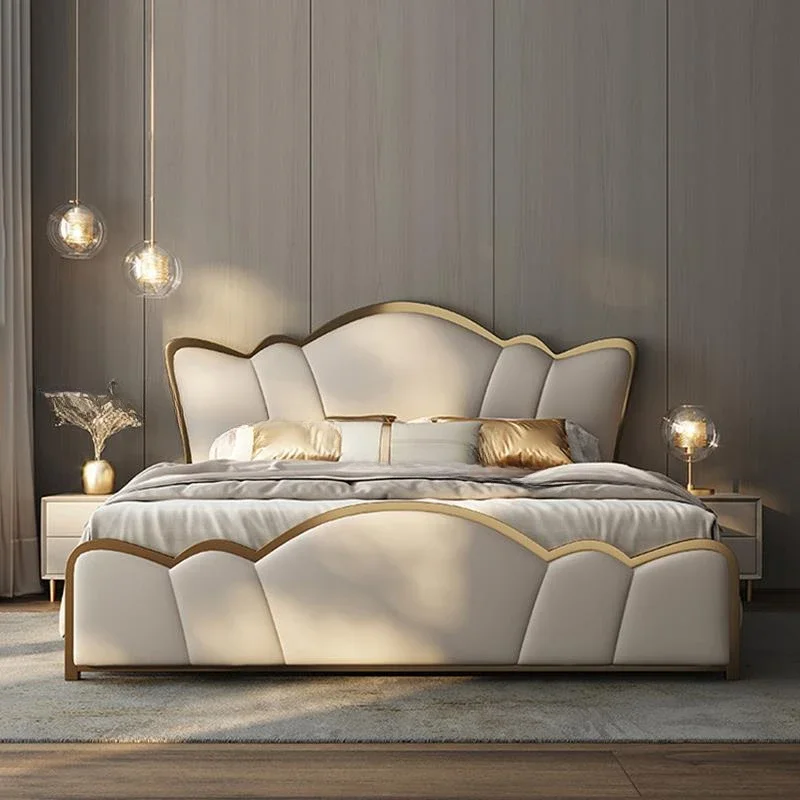 

Simplicity Bedroom Set Furniture Italian Leather Wooden Frames Stable Skeleton Large Storage Soft Mattress Modern King Size Bed