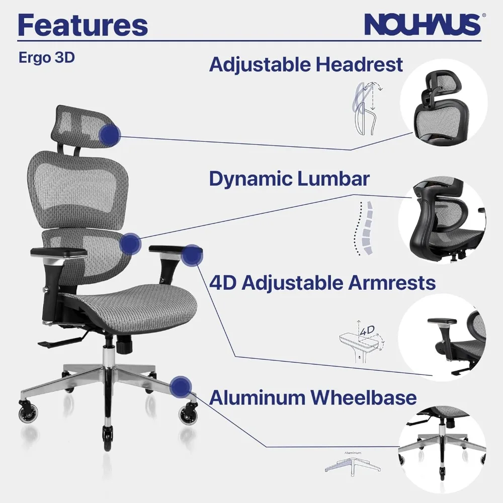 Cadeira ergonômica de escritório com suporte lombar 3D e rodas de lâmina, cadeira do computador, mesa rolante com braço ajustável 4D, poltrona de malha