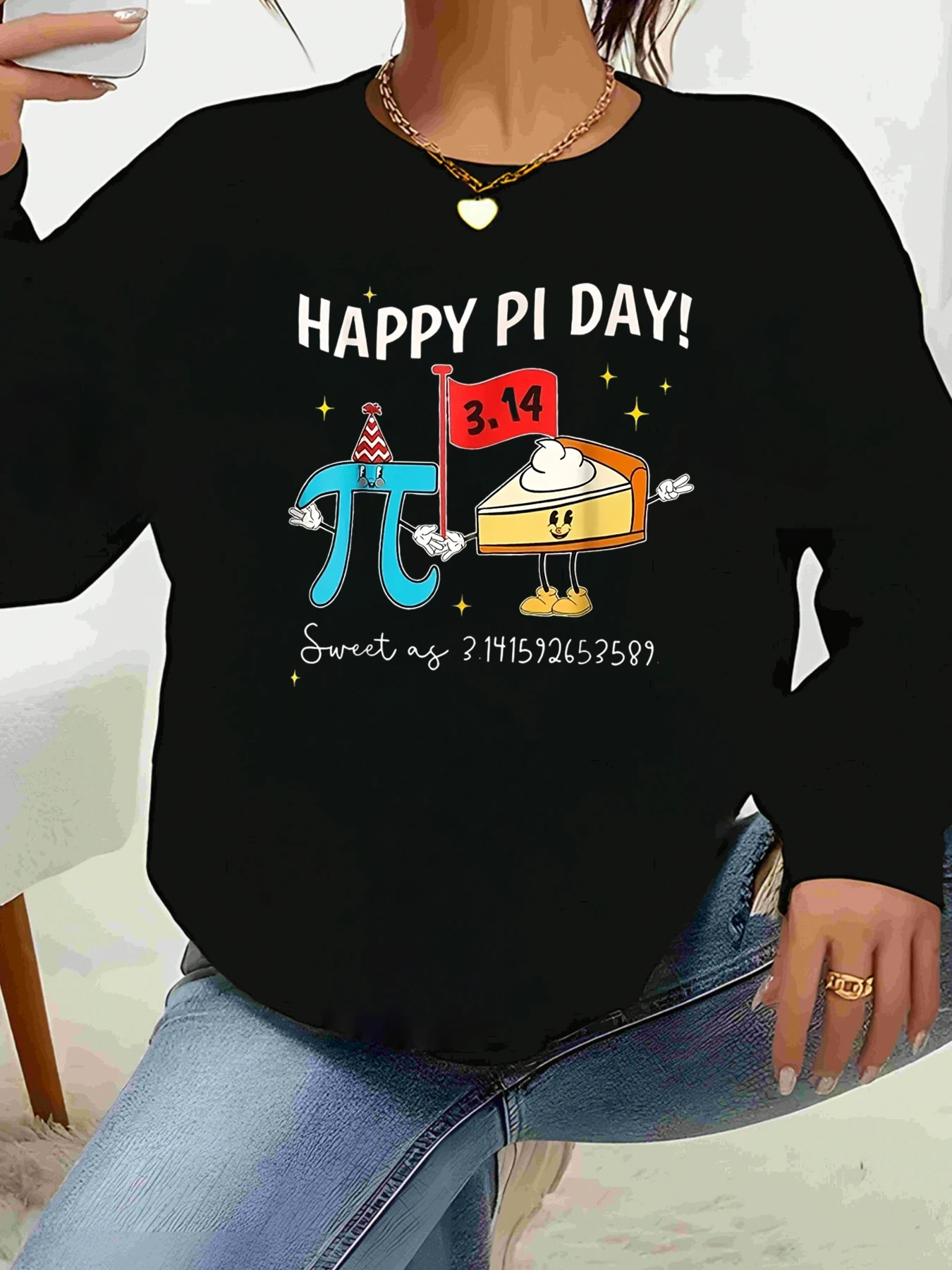 Pi Day Pie e Pi Symbol Print Top de manga comprida casual para mulheres