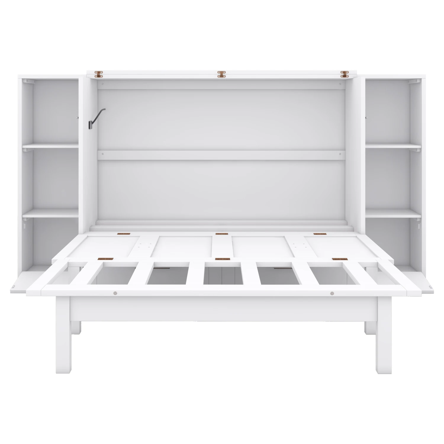 Cama Murphy de tamaño completo con estantes, cajones y puertos USB, blanca