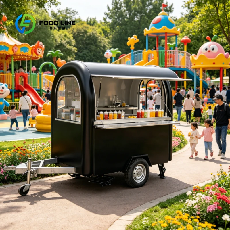 Customized Small Tow Bar Mobile Food Truck Cart, Stainless Steel Interior Snack Kiosk for Burger Hotdog Fast Food Outdoor
