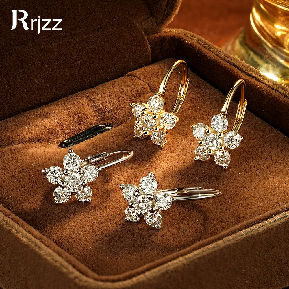 Rrjzz 925 Sterling Silver Flower Hoop Earring 3mm D-Color Moissanite French Lever-Back Earrings Fine Jewelry Gifts for Women