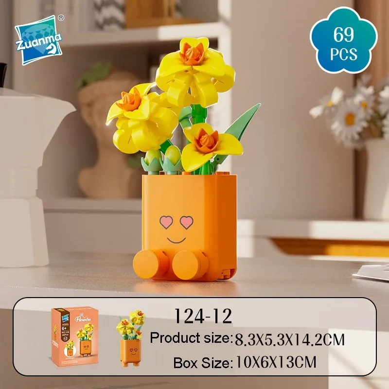 Kreative Emoticon-Blumentöpfe Bausteine Spielzeugmodell Sonnenblumen Rosen Blumen-Botanik-Bausteine Zusammenbaubares Ornament Kindergeschenk