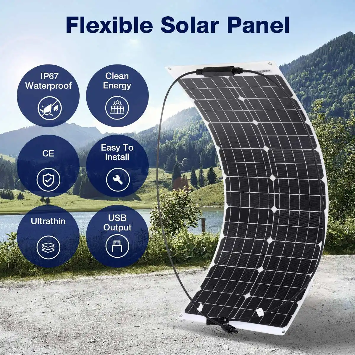 

1000W Solar Panel Output USB Waterproof 18V ETFE Flexible Monocrystalline Solar Cell RV Car Camping 12V Battery Charger