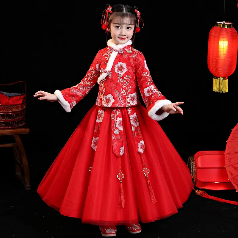 Red Girls Winter New Quilted Children's Hanfu Dress Lovely Girl Children Princess  Costume Dress Chinese New Years Clothes