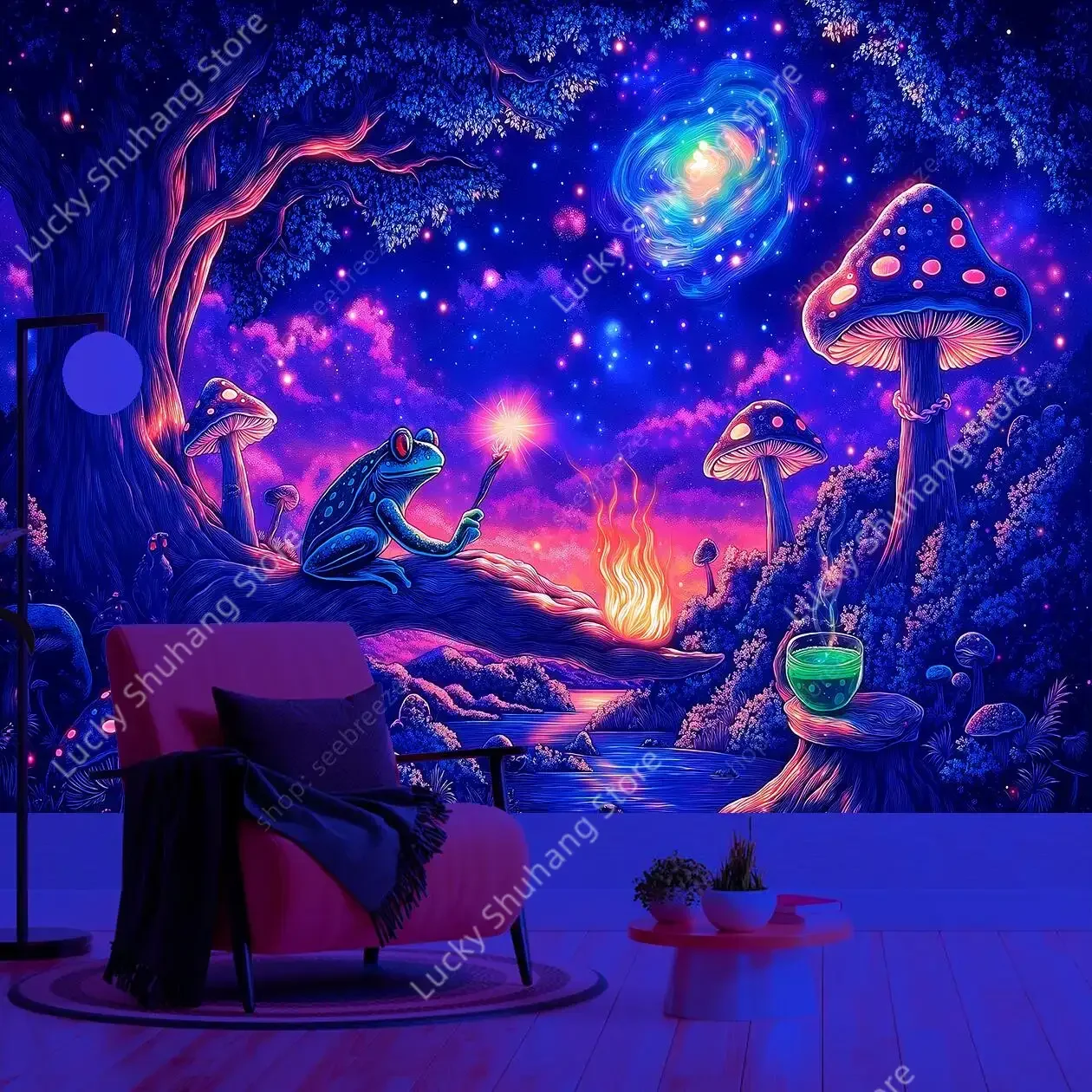 Magic Forest Frog Gathering UV Tapestry Enchanted Glowing Mushrooms Starry Night Wall Hanging Bohemian Home Decor Meditation Art