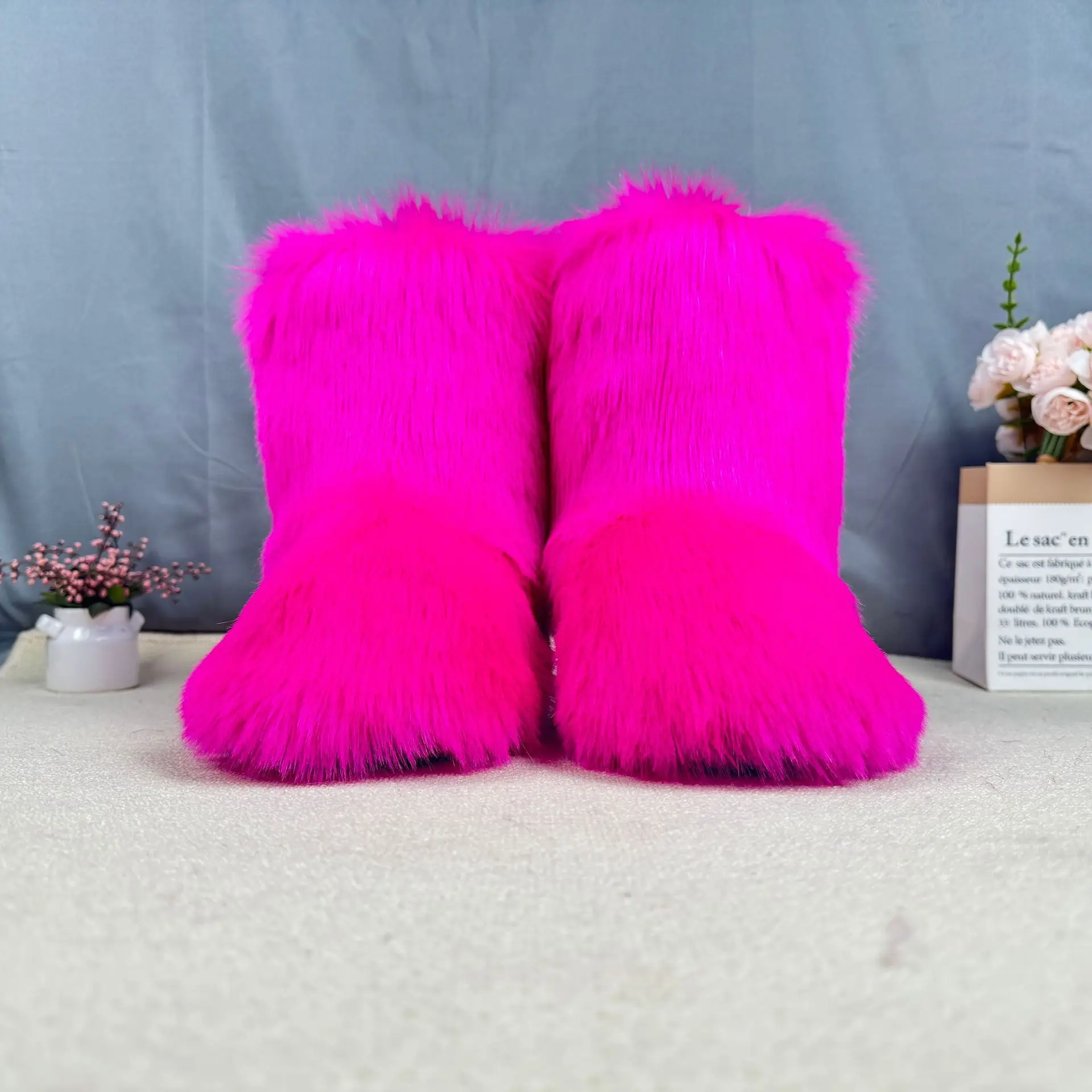 Winter-Herren- und Damenschuhe, modische, flauschige Stiefel aus Fuchspelzimitat, Plüsch, warme Schneestiefel, pelzige Pelzstiefel, Cosplay-Schuhe