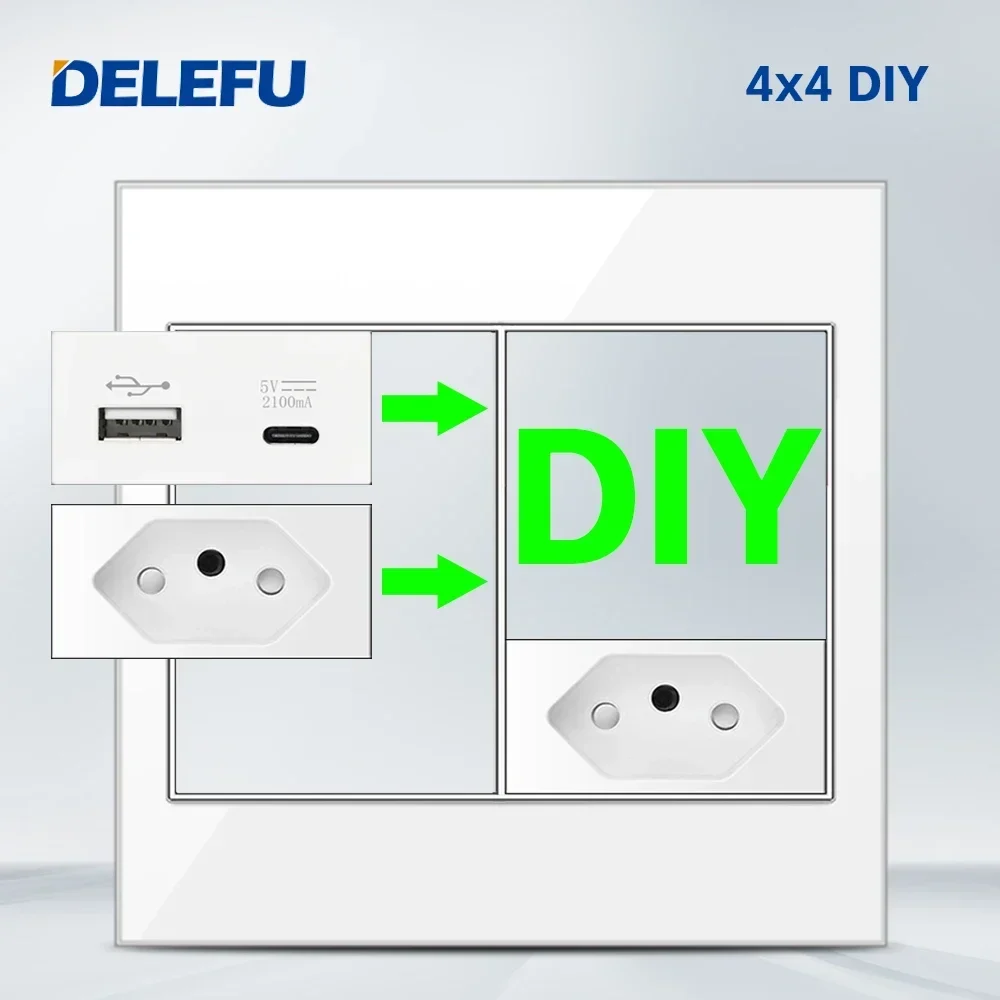 Delfu brasil italiano chile méxico padrão função de combinação gratuita usb tipo c chave diy interruptor soquete 4*2 branco 4*4 carga rápida