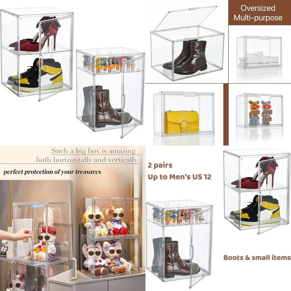 

2-Pack Clear Acrylic Shoe Display Cases with Adjustable Dividers and Stackable Plastic Storage Bins