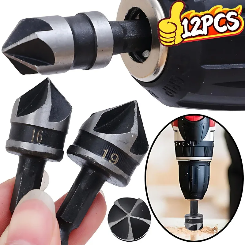 

12x набор сверл с зенковкой из углеродистой стали, шестигранный хвостовик HSS, 90-градусный инструмент для снятия фаски, набор для растачивания древесины с пятью канавками для деревообрабатывающих инструментов