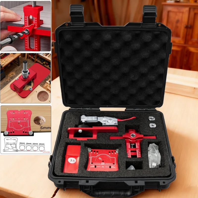 ชุดติดตั้งบานพับตู้แบบแม่นยำ 3 ชิ้น พร้อมกล่องกันน้ำ, ตัวกำหนดตำแหน่งบานพับตู้อะลูมิเนียม และตัวนำเจาะบานพับตู้