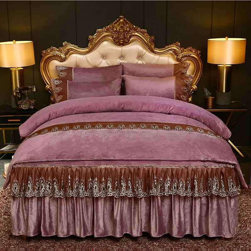 High Quality Luxury Thicken Velvet 4pcs Bedding Set Coral Fleece Bed Skirt Duvet Cover Pillowcase Plush Bed Set Queen Size