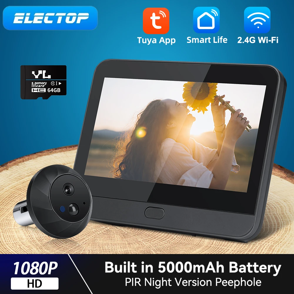 electop 1080p tuya vida inteligente casa 43 polegada visor de campainha digital olho magico porta camera video olho wifi ir monitor visao noturna 01