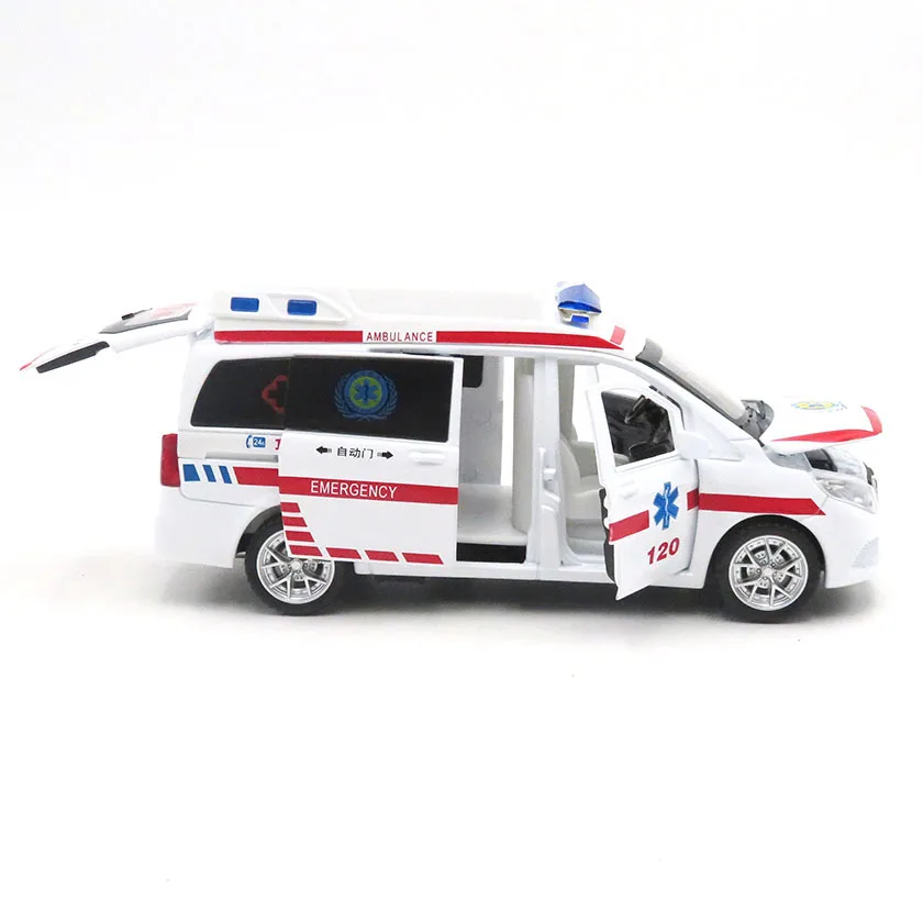 1:32 Benz Ambulance High Simulation Diecast Metal Alloy Model Car Pull Back Sound Light Car Children Gift Collection