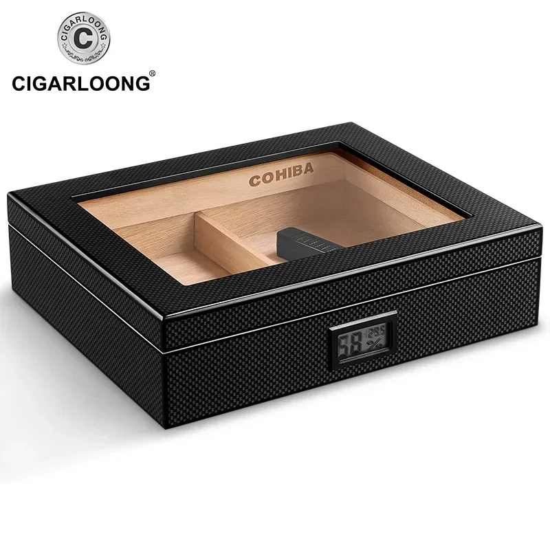 Portable Spain Cedar Cigar Case Wood Travel Cigar Humidor Set with Humidifier & Hygrometer Carbon Fibre Storage Box