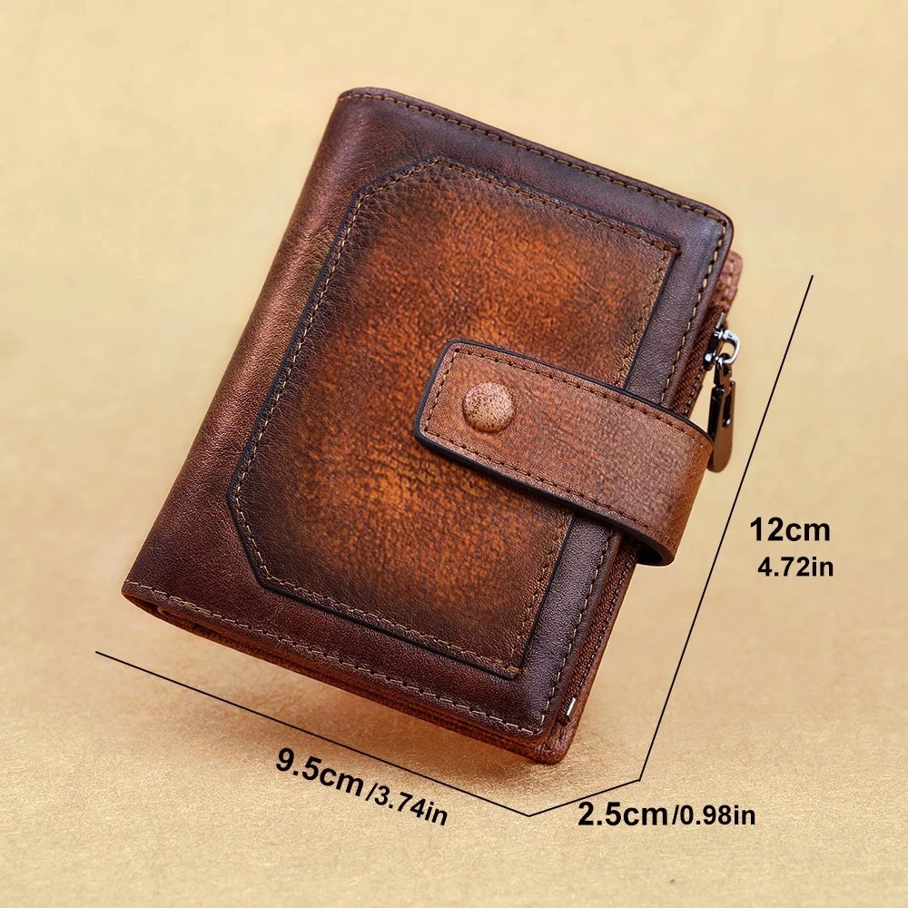 Vintage 100% Genuine Leather Men\'s Wallet RFID Blocking Trifold Short Multi Function Money Clip Large Capacity Zipper Coin Purse