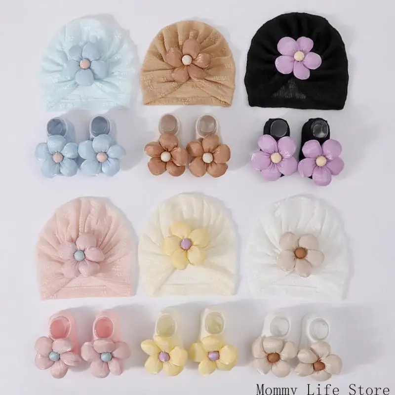 

Newborns Bonnet 0-12 Month Infant Hospital Caps with Socks Toddler Shower Gift